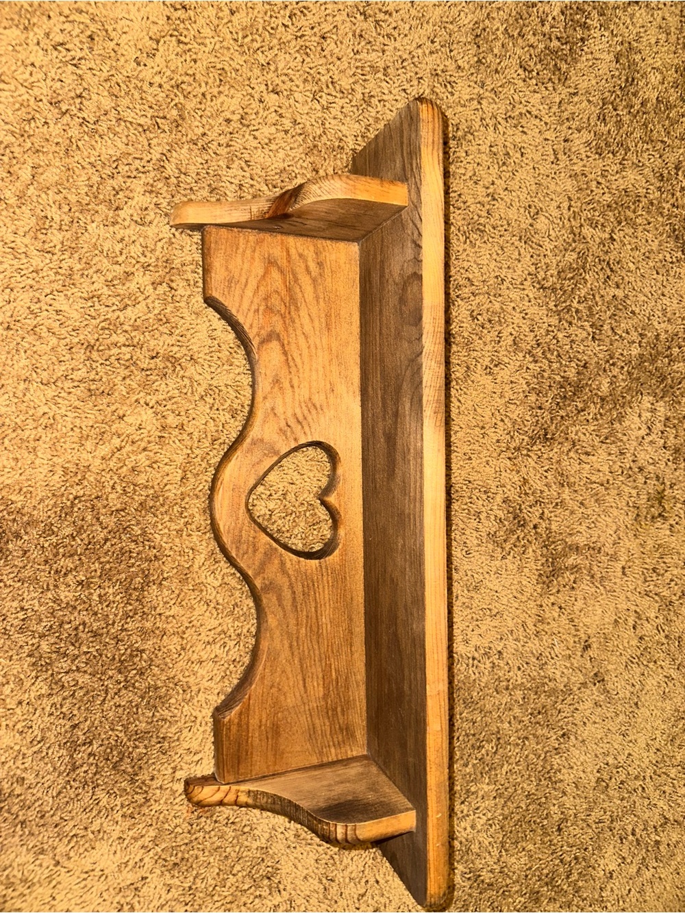 Handcrafted Wooden Wall Shelf in Warm Brown - Rustic Heart Accent